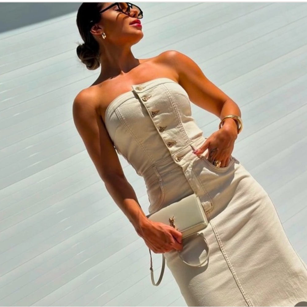 Zara White Strapless Denim Midi Dress